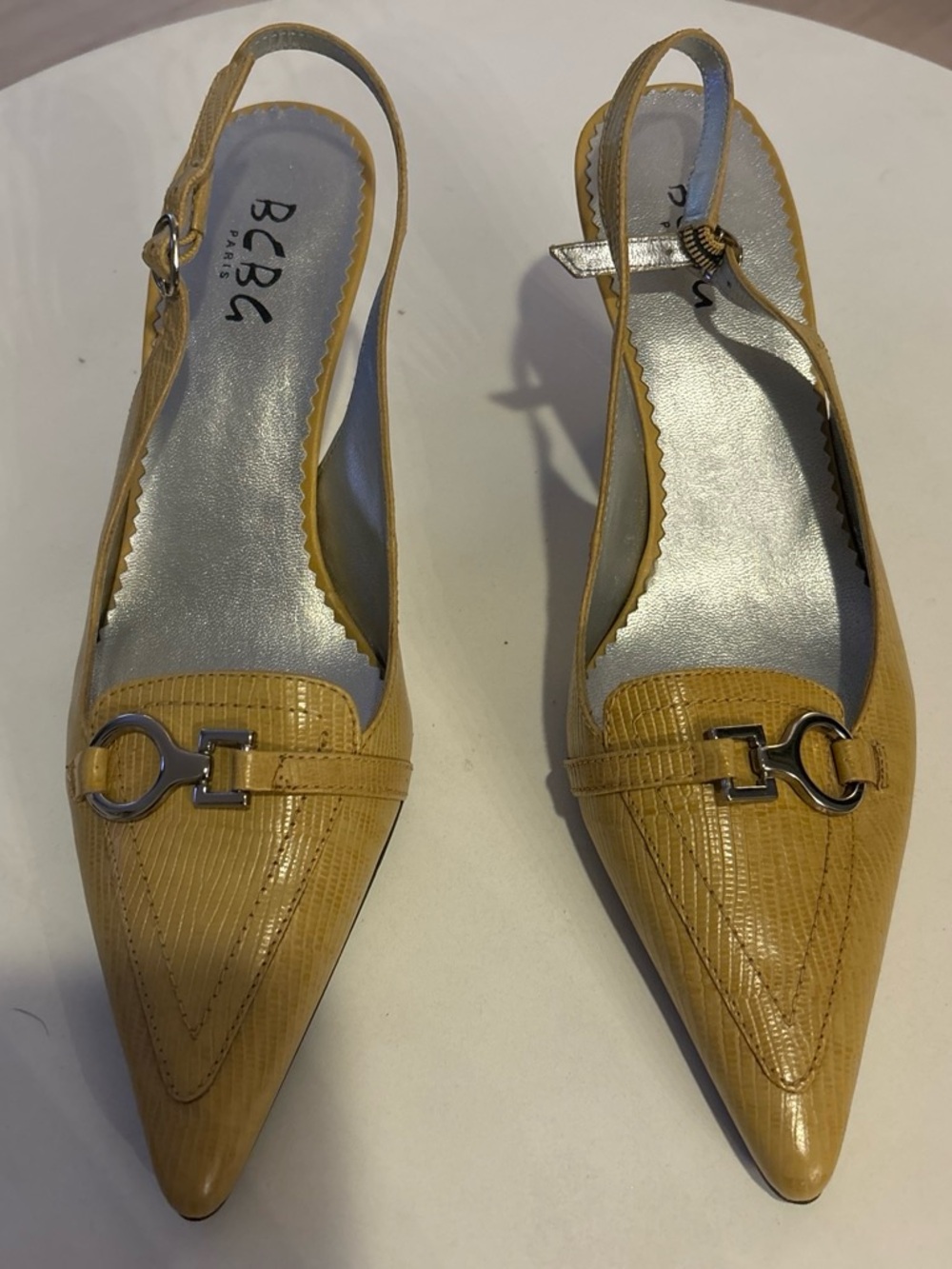 BCBG Mustard Yellow Pointed Slingback Flats with Metal Bit